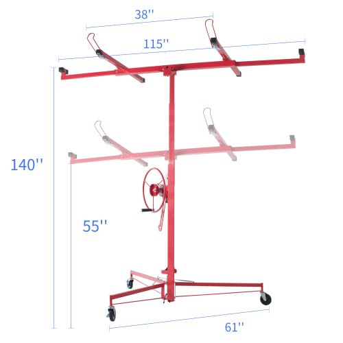 Sheetrock Lift Drywall Lift, 11ft Drywall Rolling Lifter Panel, 150lb Panel Hoist Jack Tool, Drywall Lifting Construction Tools with Adjustable Telescopic Arm & 3 Lockable Wheels (Red)