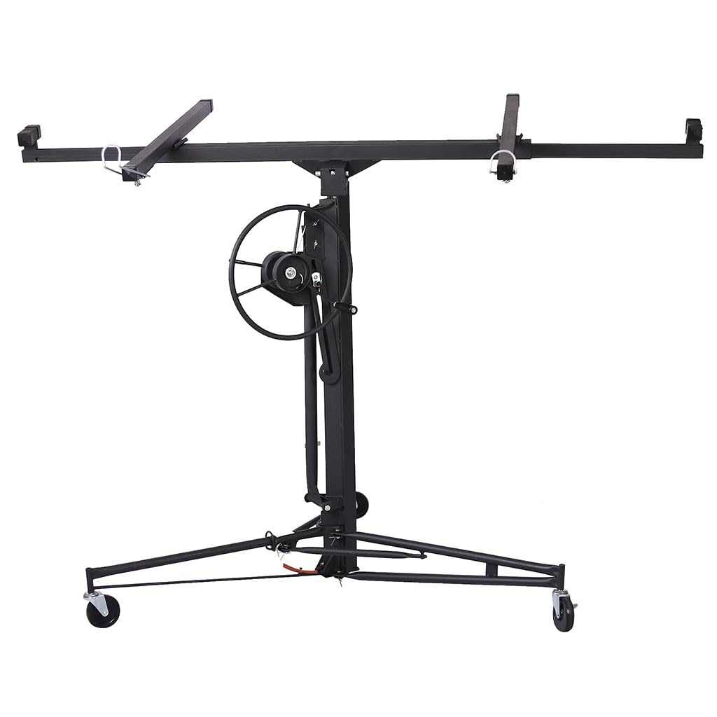 13 FT Drywall Lift, 150 lb Heavy Duty Drywall Panel Hoist with Adjustable Telescoping Ar and Lockable Wheels, Built-In Winch Brake, Collapsible Drywall Lift for Ceiling & Wall Installation,Blac