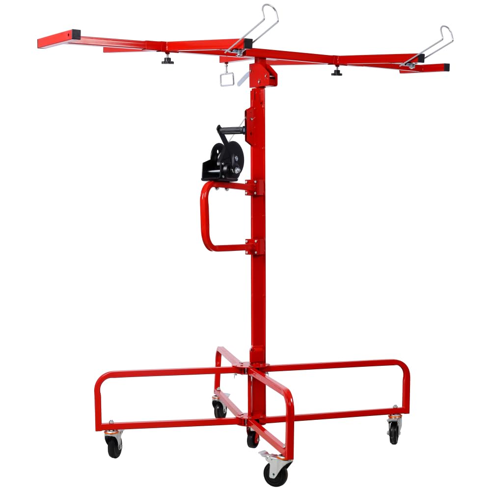 16' Drywall Lift Panel Hoist Jack Lifter Jack Rolling Caster Wheel Sheetrock Drywall Lift Construction Tools, 150lb Capacity, 4ft x 16ft Max Sheet Size, Red
