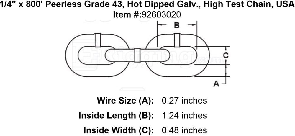 1/4" x 800' Peerless Grade 43, Hot Dipped Galv., High Test Chain, USA
