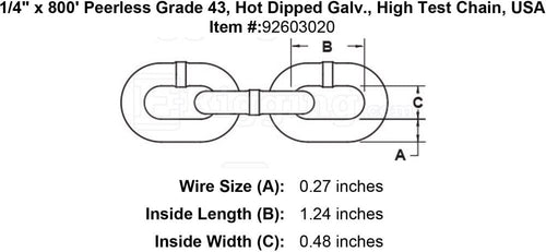 1/4" x 800' Peerless Grade 43, Hot Dipped Galv., High Test Chain, USA