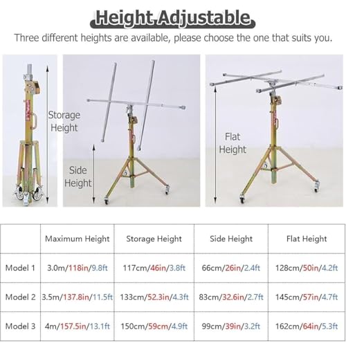 Heavy Duty Drywall Lifter with Lockable Swivel Wheels, 80kg Capacity, Adjustable Panel Lifting Jack Tool for Easy Drywall Installation and Handling (3.5m Reach)