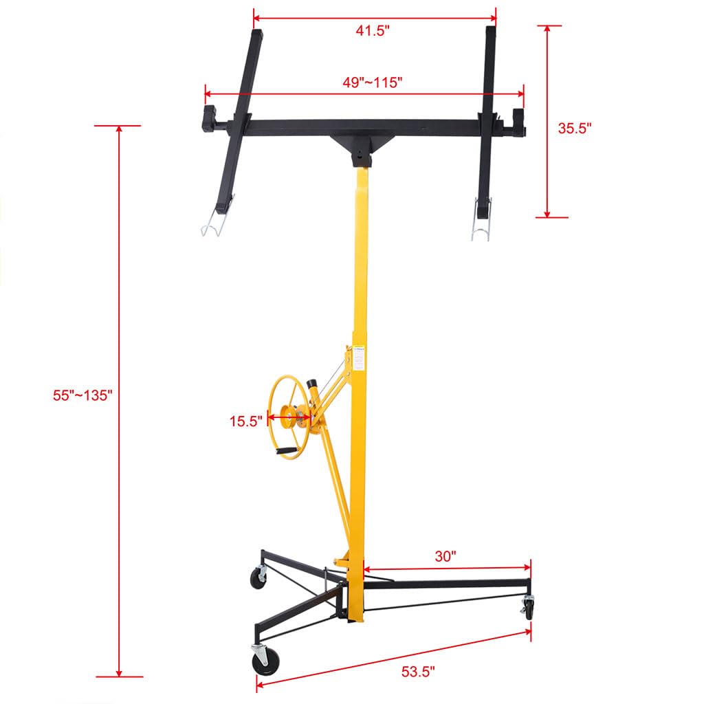 11ft Drywall Lift, Heavy-Duty 150 lbs Sheetrock Hoist with Adjustable Telescoping Arm, Lockable Wheels, Drywall Lifter Panel Jack Hoist Tools Ideal Sheetrock Lift Jack for Ceiling & Wall Installation,