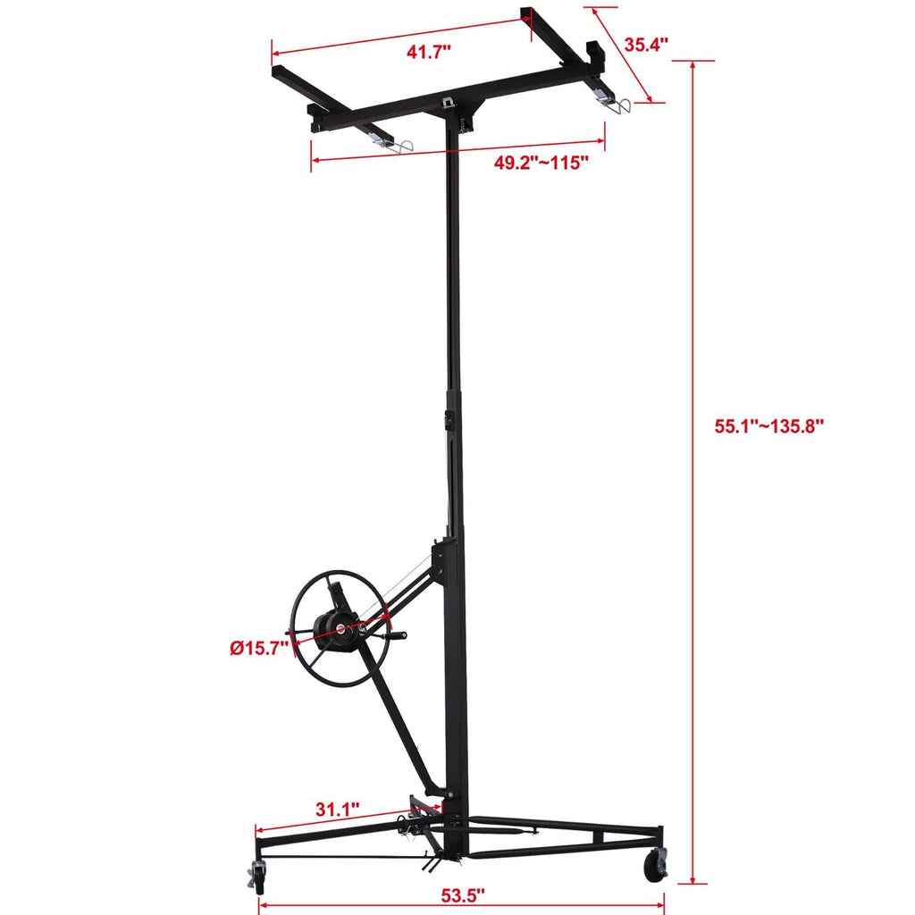 11' Lift Drywall Panel Hoist Jack Lifter with Rolling Caster Wheel and Adjustable Telescopic Arm