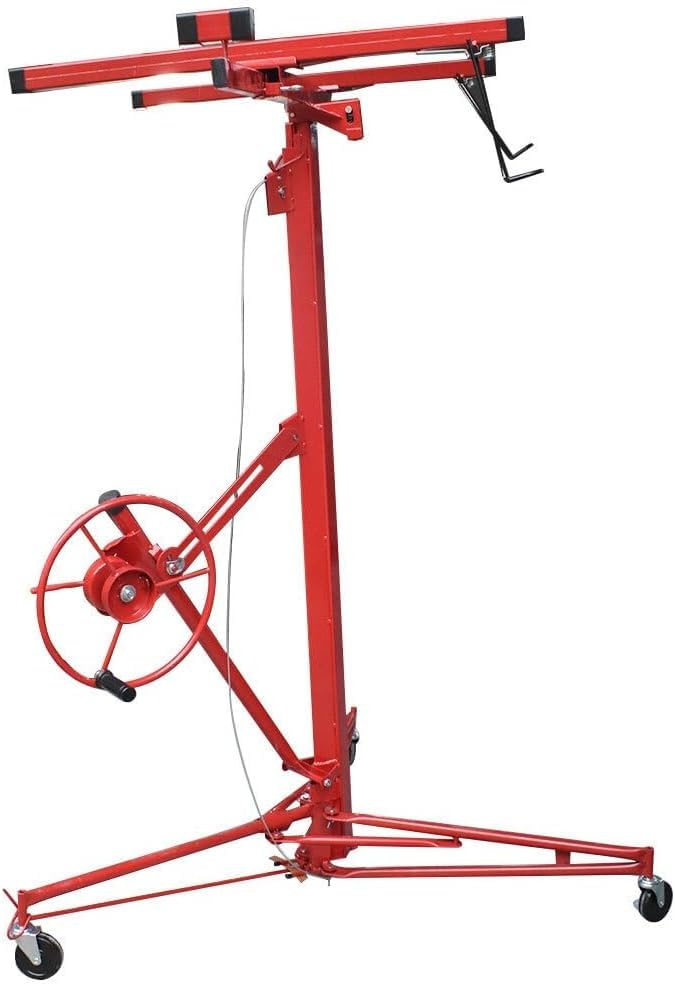 Suitable for 16FT Red Drywall Lift Hoist with Lockable Caster Wheels – Heavy-Duty Panel Jack for Easy Installation of Various Drywall Panels