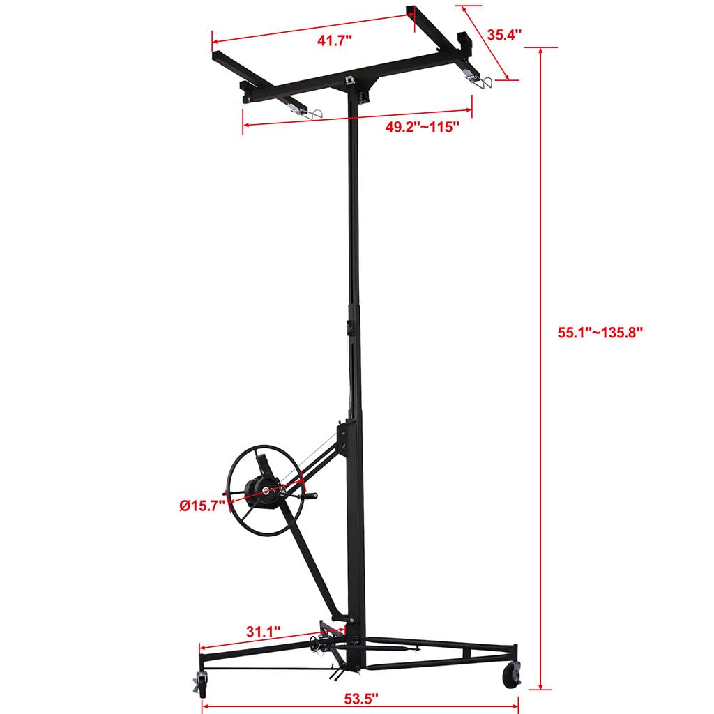 11' Drywall Rolling Lifter Panel,150lb Weight Capacity Panel Hoist Jack Tool Jack Lifter with Adjustable Telescopic Arm and 3 Lockable Wheels - Easy Assembly,Ideal for DIY and Home Renovation