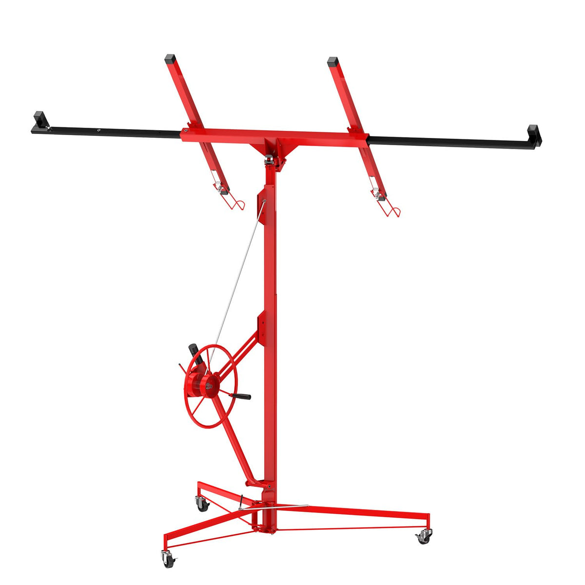 16ft 150lb Heavy-Duty Drywall Lift – Telescopic Sheetrock Hoist with 360° Swivel & 60° Tilt Arm, Tool-Free Adjustment, 3 Lockable Casters – Red + Black