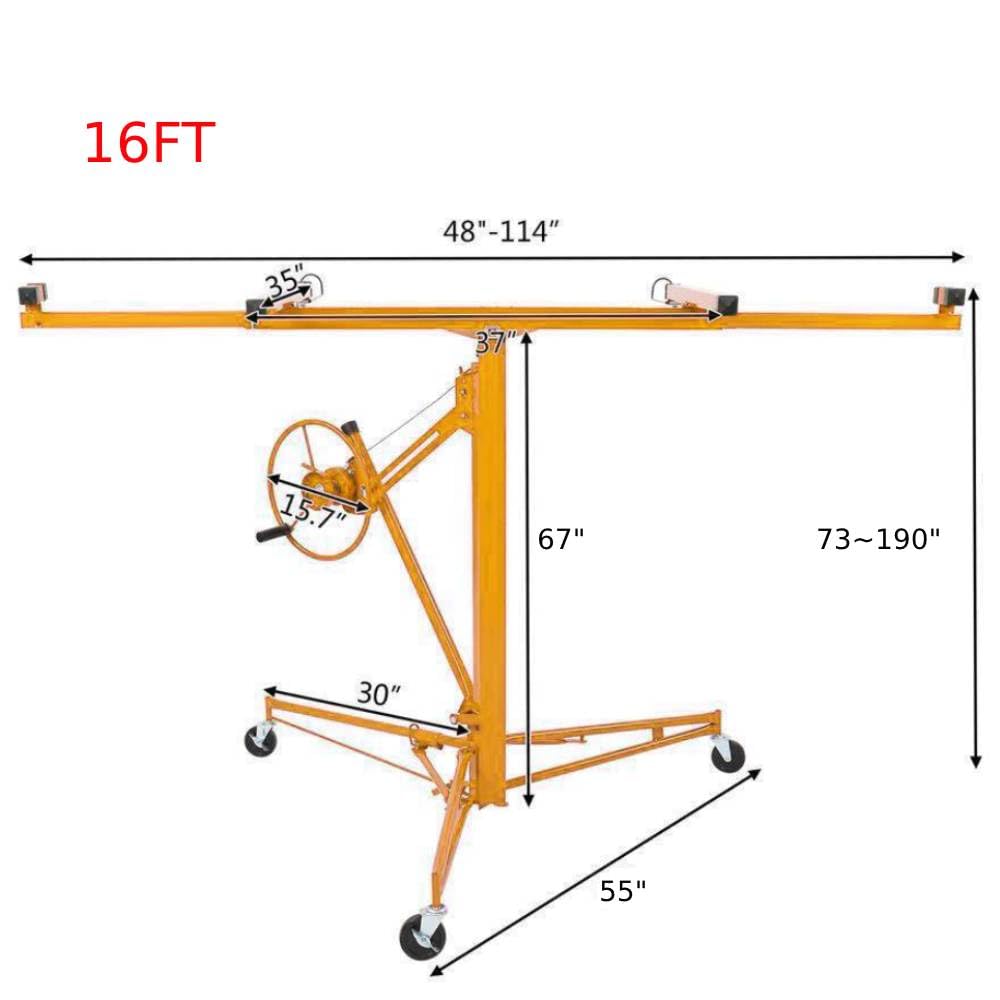 Heavy-Duty Drywall Lift, 16ft Ceiling Hoist, 150lbs Capacity, Steel Construction, Foldable with 4" Casters, Easy Assembly, for Commercial/Home Use