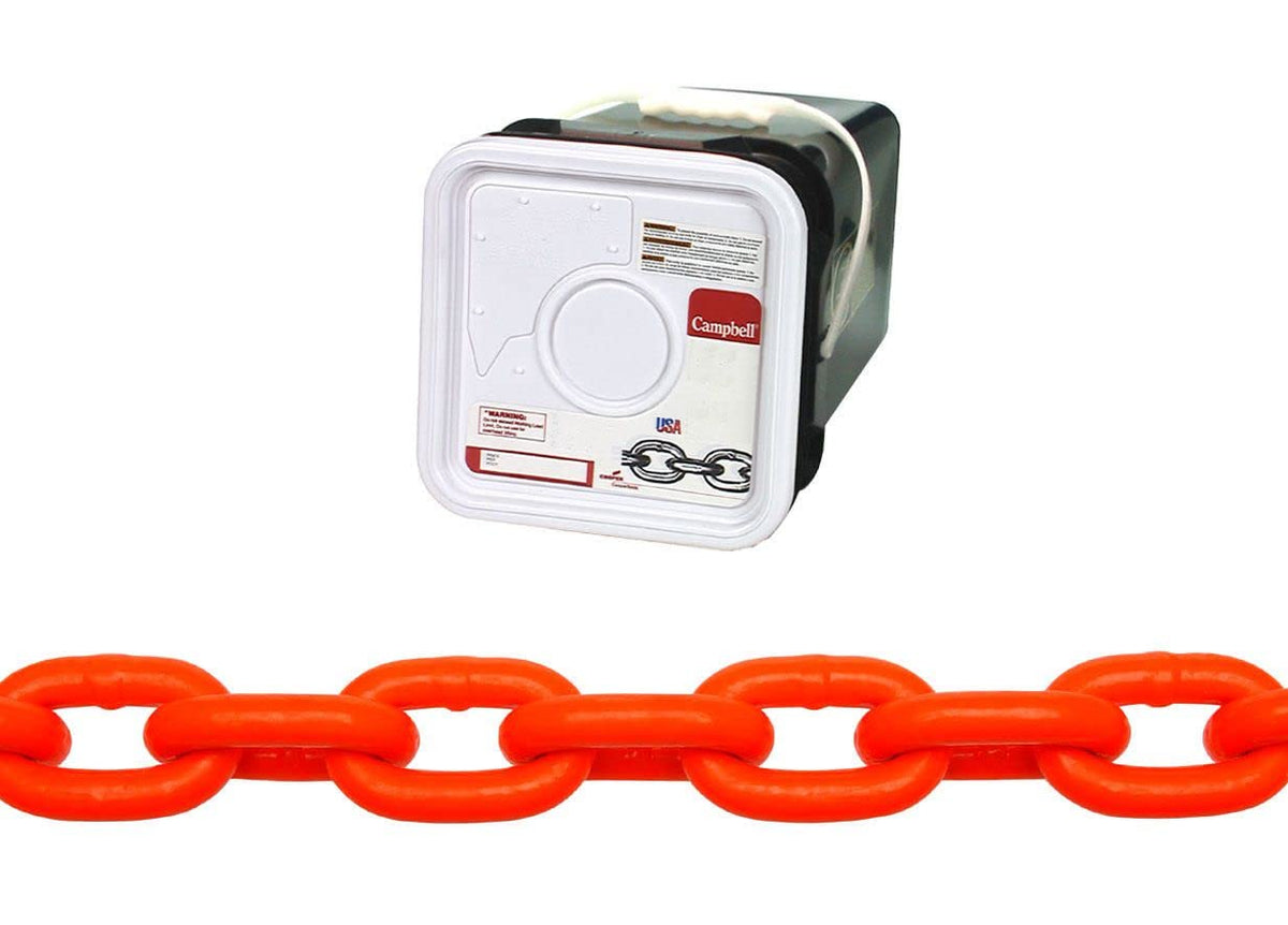 Campbell HV0184526 System 4 Grade 43 Carbon Steel High Test Chain in Square Pail, Hi-Visibility Orange Polycoated, 5/16" Trade, 0.34" Diameter, 60' Length, 3900 lbs Load Capacity