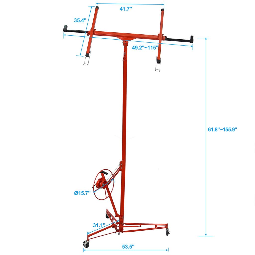 13 FT Drywall Lift, Heavy Duty Sheetrock Panel Hoist with 150 LBS Capacity, Adjustable Telescoping Arm, Built-In Winch Brake & Locking Wheels, Foldable Drywall Lifter for Ceiling and Wall Installation