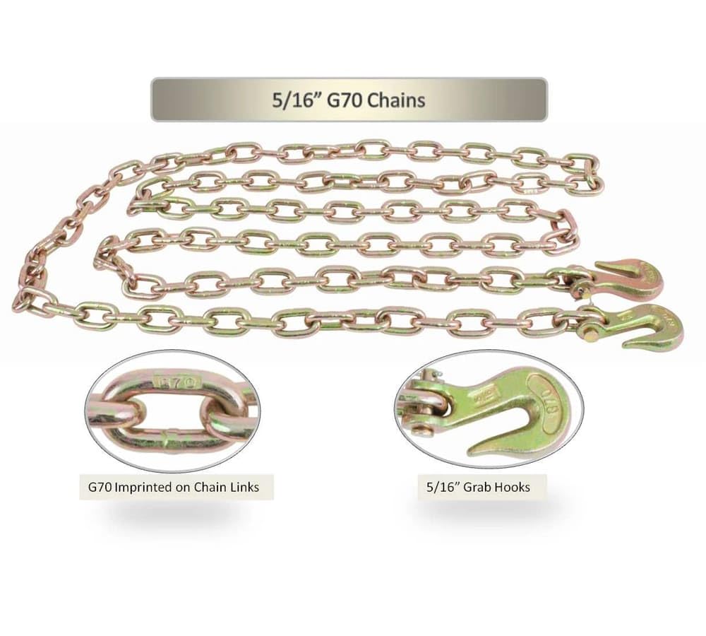 Mytee Products 4 Pack 5/16 Inch x 16 FT Grade 70 Binder Chain with Clevis Grab Hooks - G70 Transport Tow Chain - 4,700 Lbs Working Load Limit