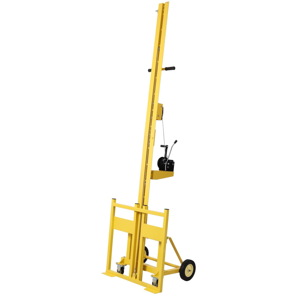 Drywall Lift Hoist 10ft, 150LBS Capacity Drywall Panel Hoist for Ceiling Installation, Heavy Duty Steel Construction with Self-Locking Winch & Rubber Tires(Yellow)