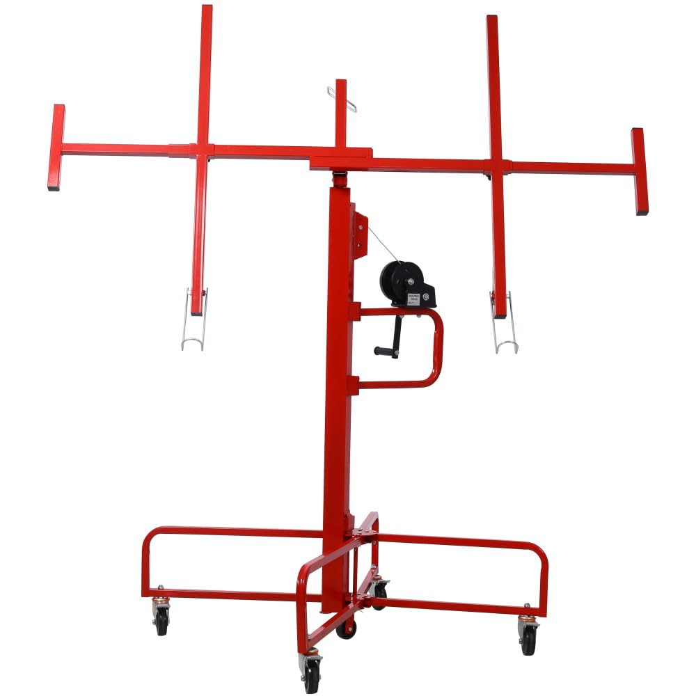 16' Drywall Lift Panel Hoist Jack Lifter Jack Rolling Caster Wheel Sheetrock Drywall Lift Construction Tools, 150lb Capacity, 4ft x 16ft Max Sheet Size, Red