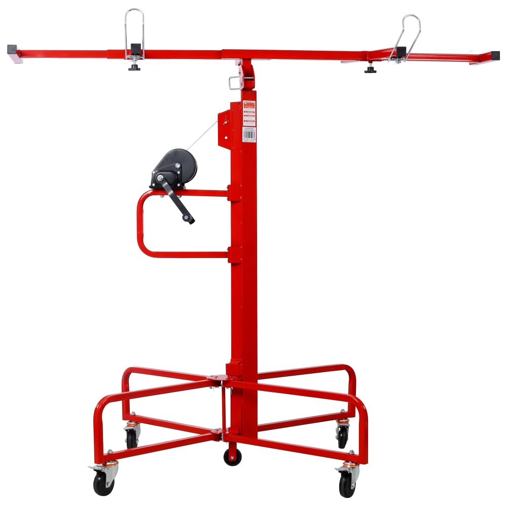 16' Drywall Lift Panel Hoist Jack Lifter Jack Rolling Caster Wheel Sheetrock Drywall Lift Construction Tools, 150lb Capacity, 4ft x 16ft Max Sheet Size, Red