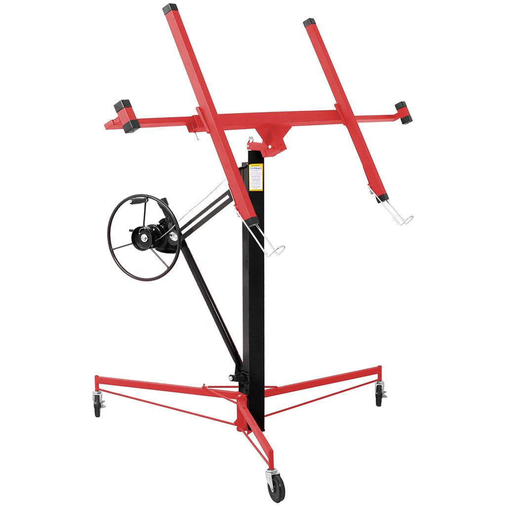 11FT Drywall Lift, Heavy Duty 150 lb Capacity Drywall Panel Hoist with Adjustable Telescoping Arm and Built-in Winch Brake, Foldable Sheetrock Lift Jack for Ceiling Wall Installation,Black+red