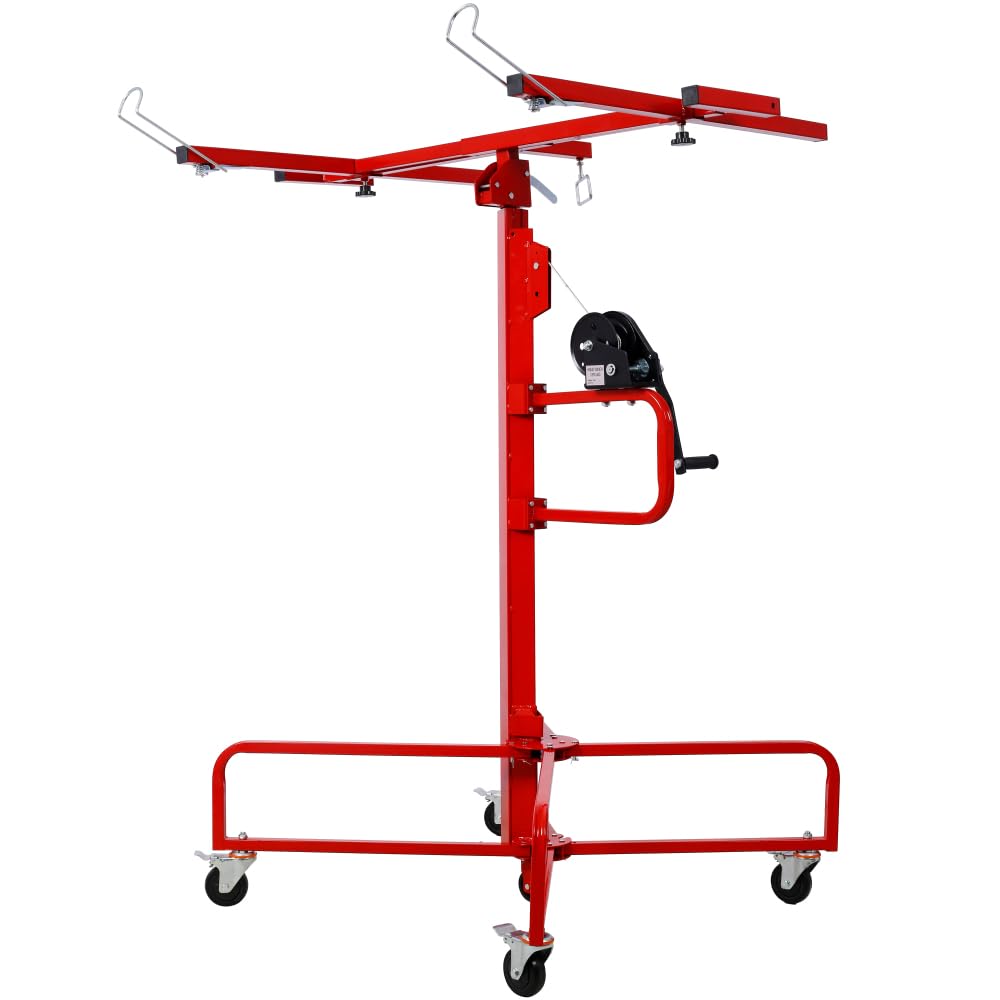 16' Drywall Lift Panel Hoist Jack Lifter Jack Rolling Caster Wheel Sheetrock Drywall Lift Construction Tools, 150lb Capacity, 4ft x 16ft Max Sheet Size, Red