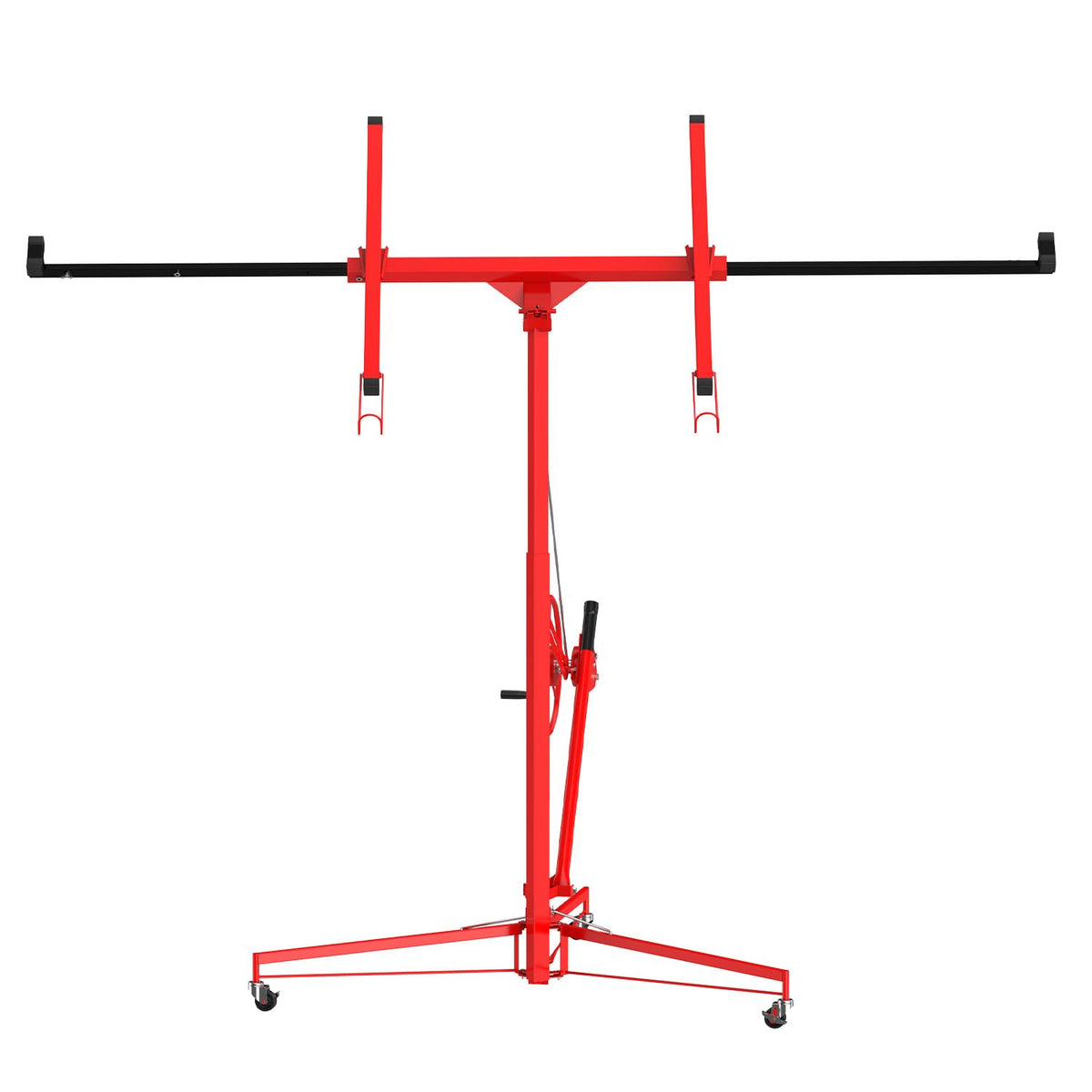 16ft 150lb Heavy-Duty Drywall Lift – Telescopic Sheetrock Hoist with 360° Swivel & 60° Tilt Arm, Tool-Free Adjustment, 3 Lockable Casters – Red + Black