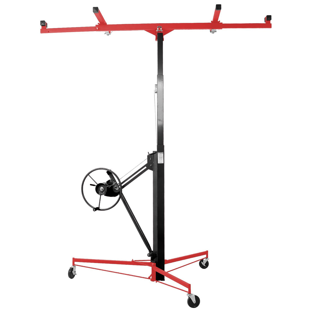 Gecheer Drywall Lift Hoist Jack – 11 ft Adjustable Panel Lifter for 4x8 ft to 4x16 ft Sheets, 150 lb Capacity, Foldable Steel Frame with Built-in Winch & Brake, Red and Black