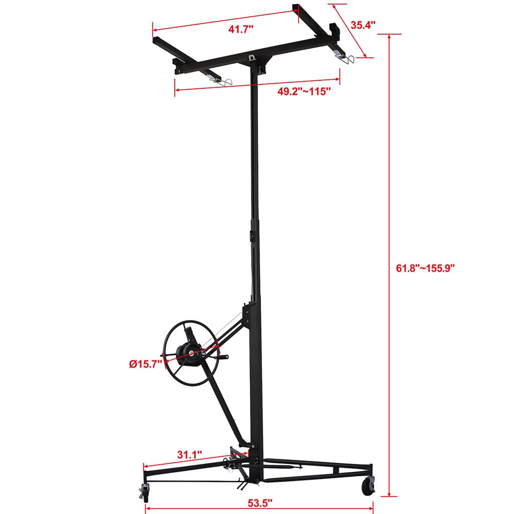 13 FT Drywall Lift, 150 lb Heavy Duty Drywall Panel Hoist with Adjustable Telescoping Ar and Lockable Wheels, Built-In Winch Brake, Collapsible Drywall Lift for Ceiling & Wall Installation,Blac
