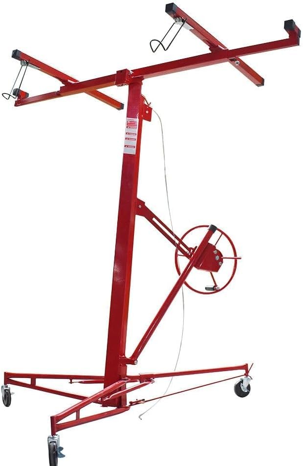Suitable for 16FT Red Drywall Lift Hoist with Lockable Caster Wheels – Heavy-Duty Panel Jack for Easy Installation of Various Drywall Panels