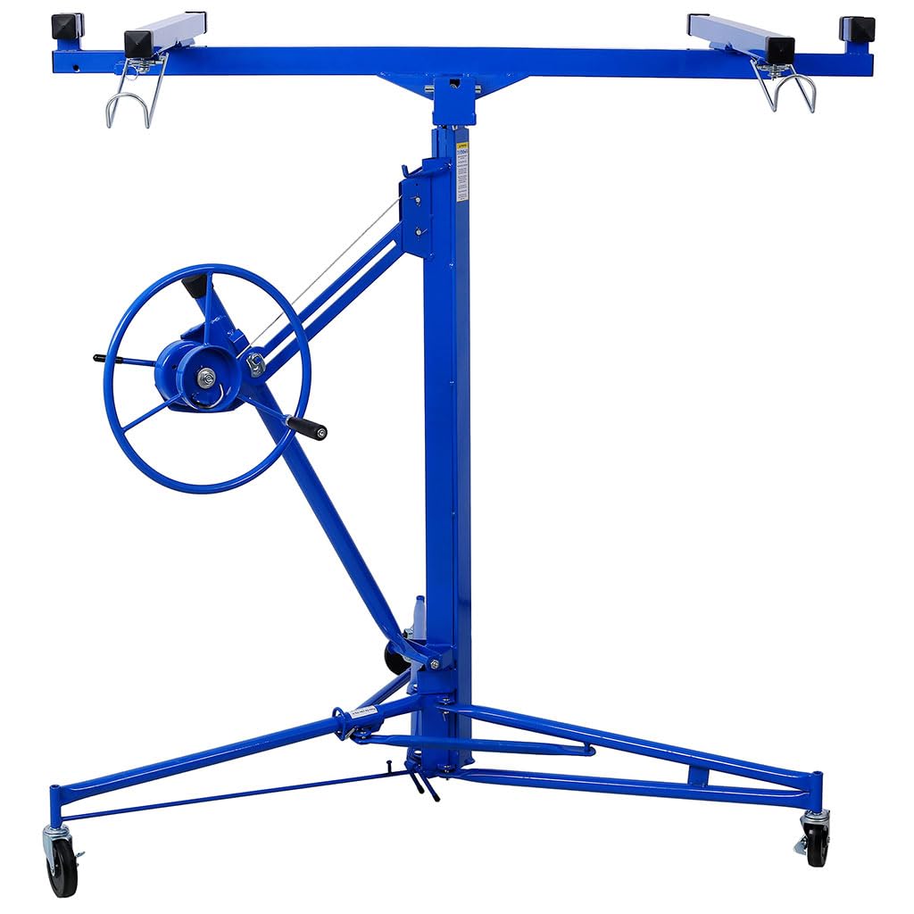 Drywall Lift 11 Ft, 150 Lbs Heavy Duty Sheetrock Lifter, Rolling Panel Hoist with Hand Chain Winch, Adjustable Telescoping Arm, Foldable Steel Drywall Jack for Ceiling & Wall Installation,Blue