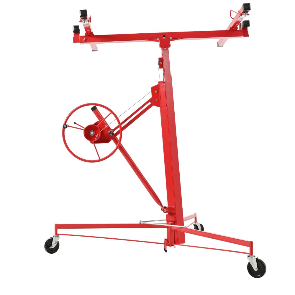 Drywall Lift 11' Drywall Panel Hoist Construction Rolling Caster Wheel Lockable Tool Jack Lifter Jack Drywall Lift Construction Tools (Red) (Red + 11FT)