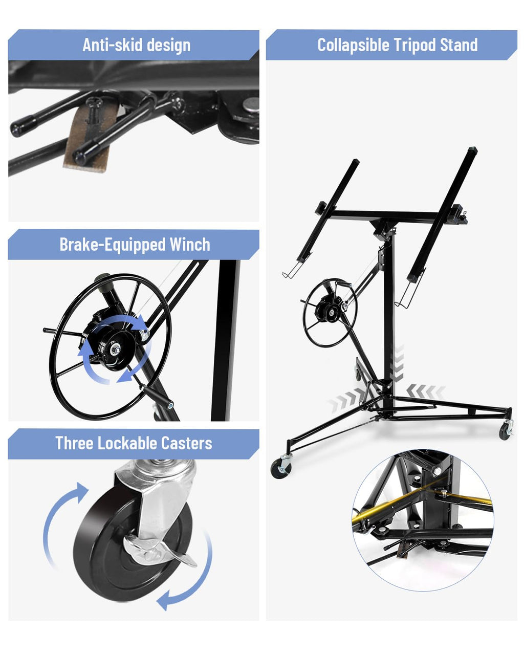 11 ft Drywall Lift Jack 150LB, 3.5–11FT Telescoping Panel Hoist with 60° Tilt & 360° Rotation, Heavy-Duty Carbon Steel Sheetrock Lifter, Locking Casters for Ceiling & Wall Installation