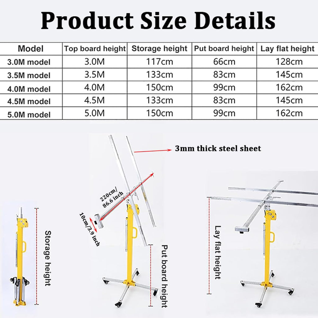 Drywall Rolling Lifter Panel, 3/3.5/4/4.5/5m Sheetrock Lift Drywall Lift, 150lb Weight Capacity Panel Hoist Jack Tool, Steel Material with Telescopic Arm & 4 Lockable Wheels,3m