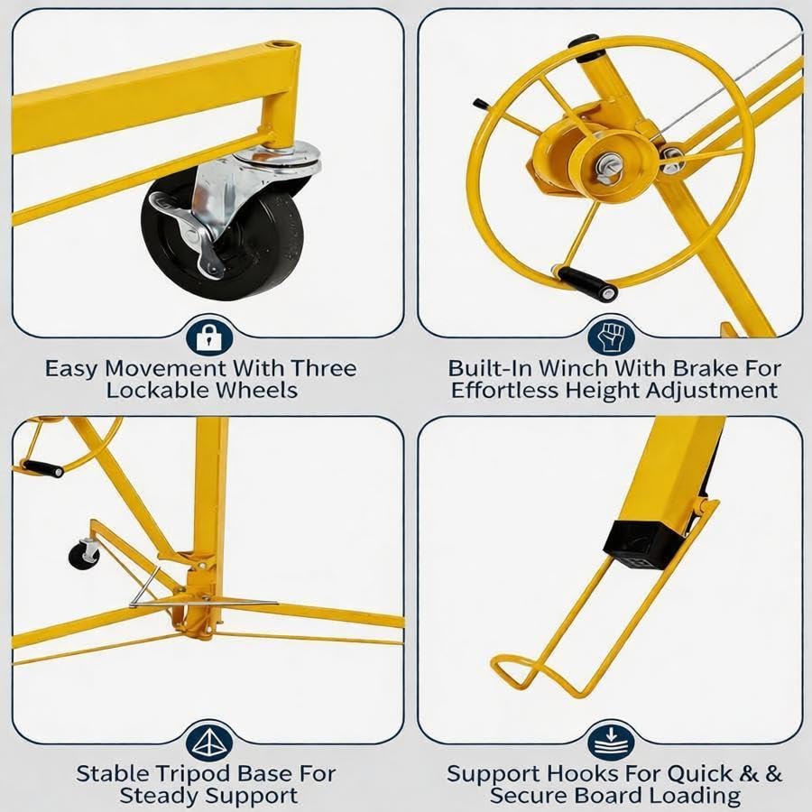 16 ft Drywall Lift, 150 LB Capacity, Heavy Duty Sheetrock Panel Hoist with Telescoping Arm, 360° Rotating & 60° Tilting Cradle, Adjustable Drywall Lifter for Ceilings & Walls, Yellow