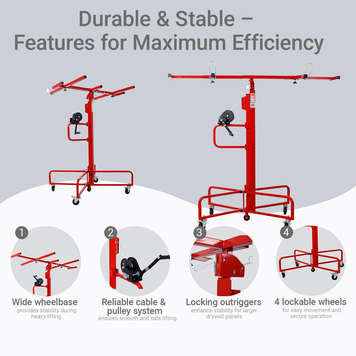 13Ft Drywall Lift Panel Hoist, 150lbs Capacity Sheetrock Lift Drywall Panel Hoist Tool, Drywall Lifter with 360° Adjustable Telescopic Arm & 4 Lockable Wheels (Red 13Ft)