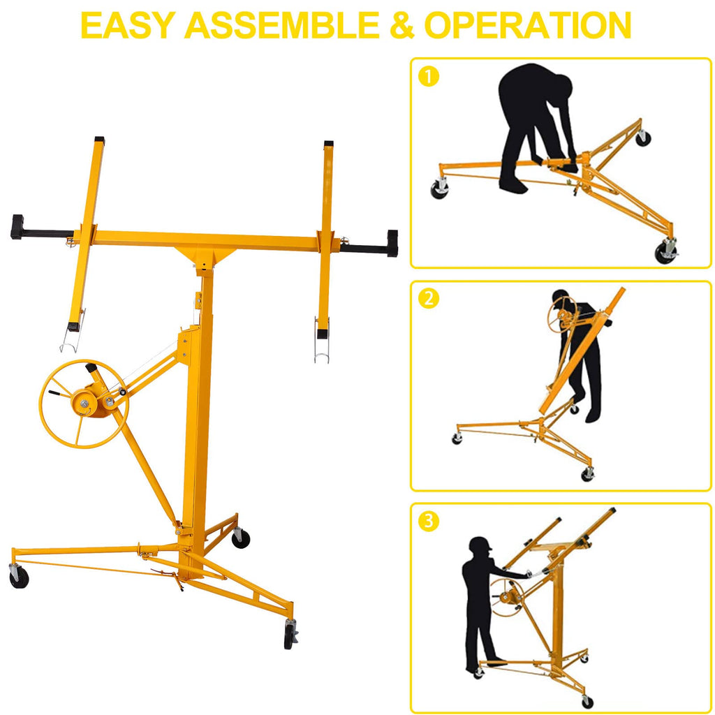 Drywall Lift, 11 FT Rolling Caster Lockable Jack Lifter Portable Panel Lift Construction Tools 150LB Heavy Duty Sheetrock Hoist Holder Suitable for Home and Commercial Use, Yellow
