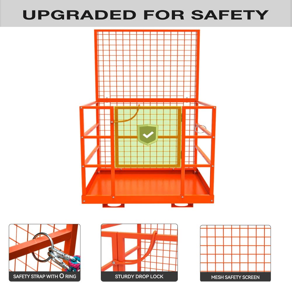 Heavy Duty 2-Person Forklift Safety Cage Work Platform 43"X45", 1800LBS Capacity Collapsible Forklift Man Basket with Safety Harness & Security Lock, Lift Work Platform for Forklift & Loader