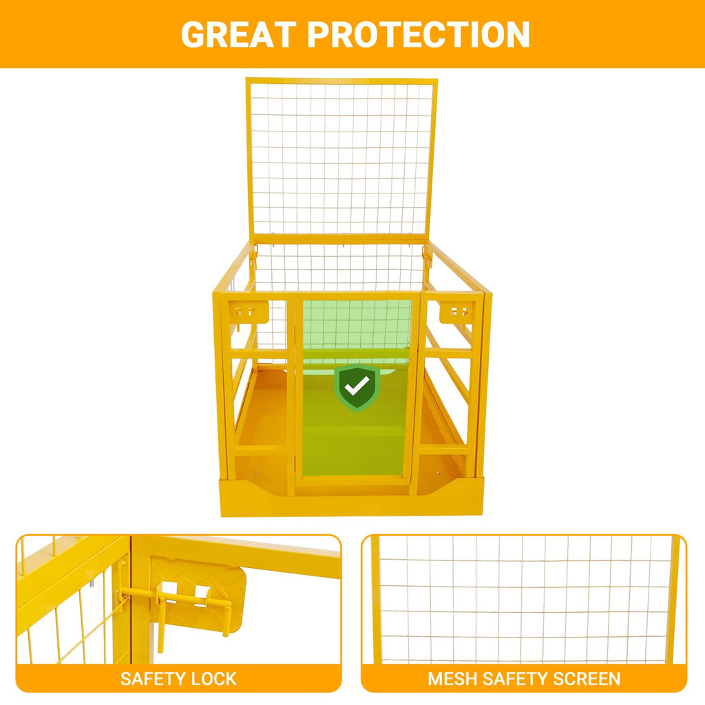 43"X45" Forklift Safety Cage, Forklift Man Basket Work Platform 1400 LBS Load Capacity, Collapsible Lift Basket with Safety Strap for Aerial Work Lifting Loader
