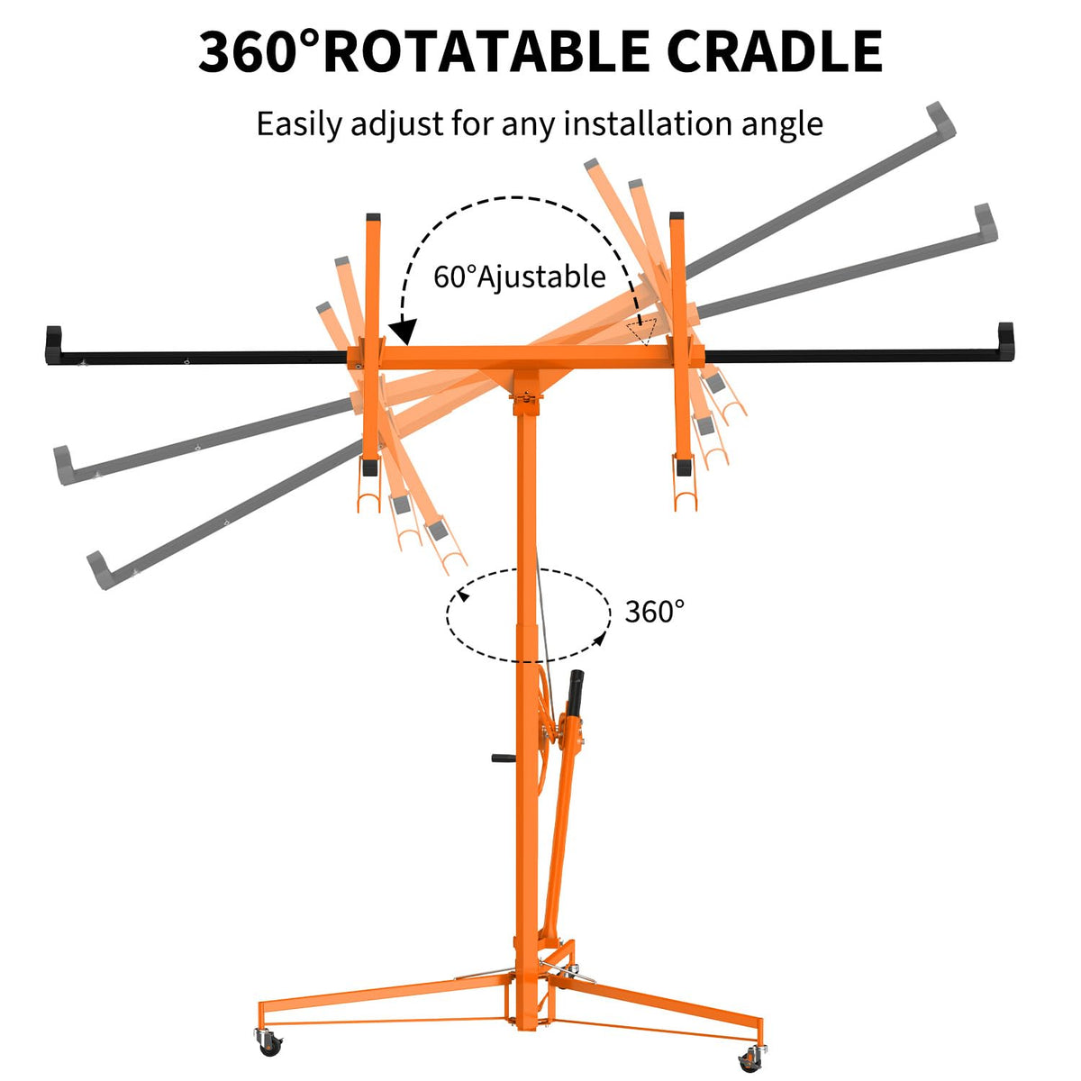 11FT Drywall Lift 150lb, 360 Swivel & 60 Tilt, Tool-Free, 3 Locking Casters
