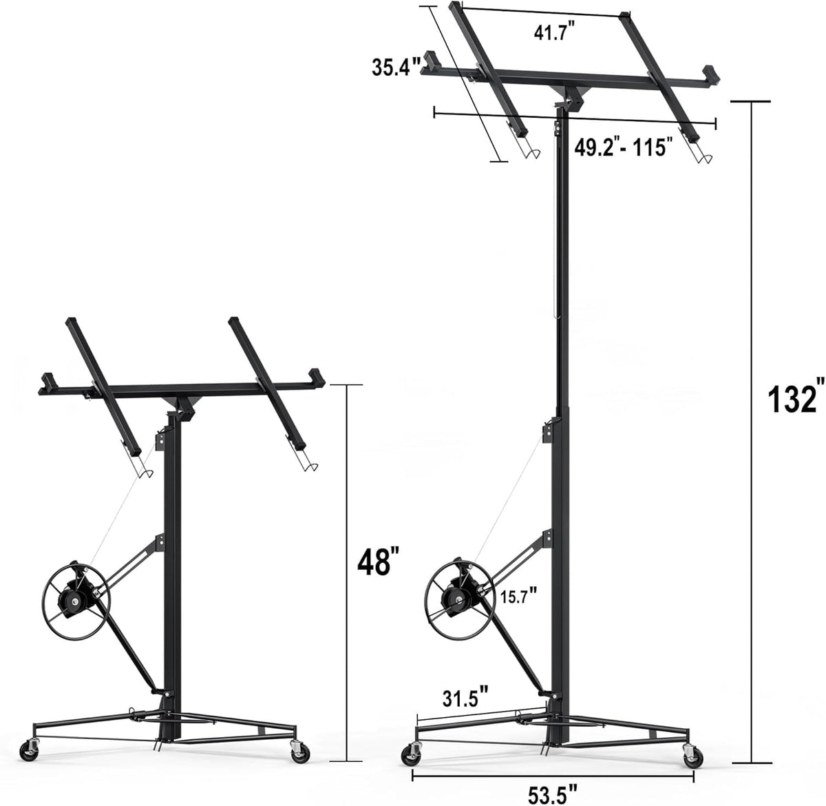11 ft Drywall Lift Panel Hoist, 150 lb Capacity, Telescopic Arm, 360° Swivel Cradle, 3 Locking Caster Wheels, Black