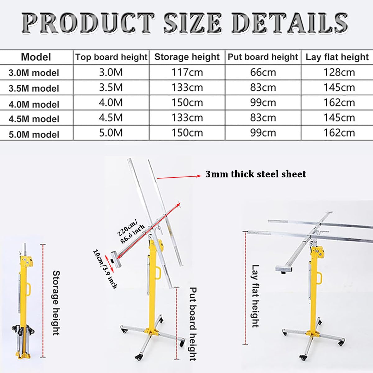 Drywall Jack Lift for Ceilings, Heavy Duty Drywall Lift, Rolling Drywall Lift Panel Lift, Adjustable Drywall Jack Lift, Steel Construction Tools ()
