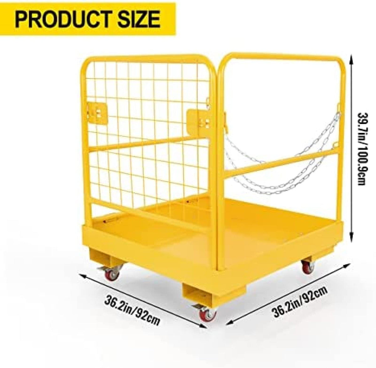 Forklift Safety Cage, Work Platform 1150LBS Capacity with 4 Universal Wheels, Heavy Duty Steel Forklifts Basket Man Platform with 3 Chains