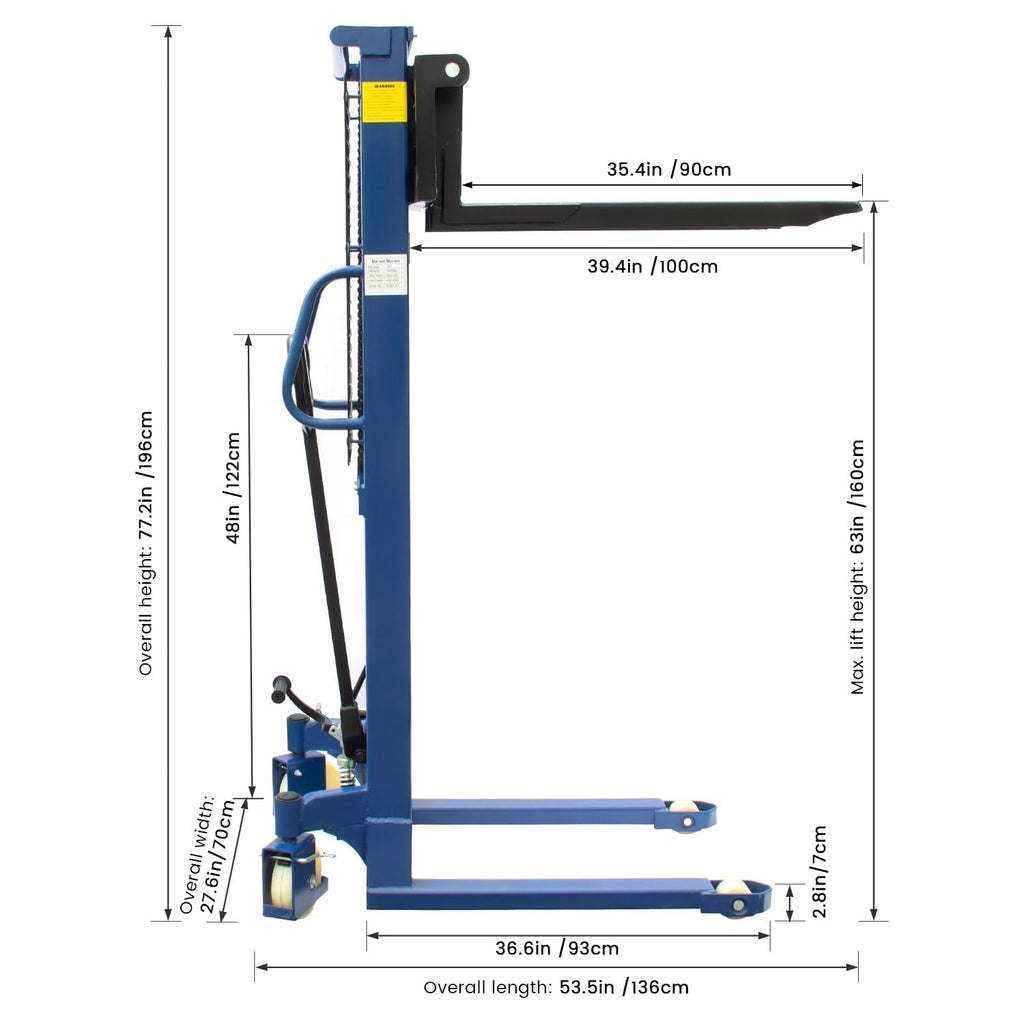 Manual Pallet Stacker 2200 LBS Capacity, 63" Lift Height Hand Pallet Forklift with Adjustable Forks & Fixed Legs, Heavy Duty Warehouse Material Lift for Open Deck Pallets