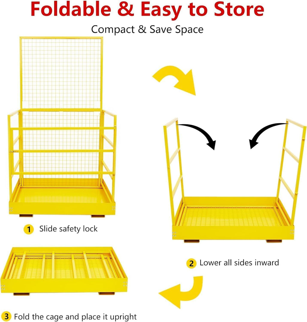 Foldable Forklift Safety Cage 43"x45", Foldable Forklift Work Platform 1500LBS Load Capacity, with Safety Lock, Safety Belt Kits, Dual Nonslip Design Perfect for 1-5 People Aerial Work