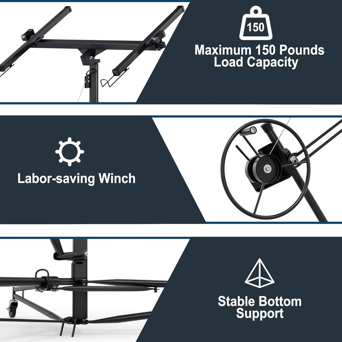 16 Ft Drywall Lift, 150 lbs Sheetrock Hoist for Ceiling Installation, Black