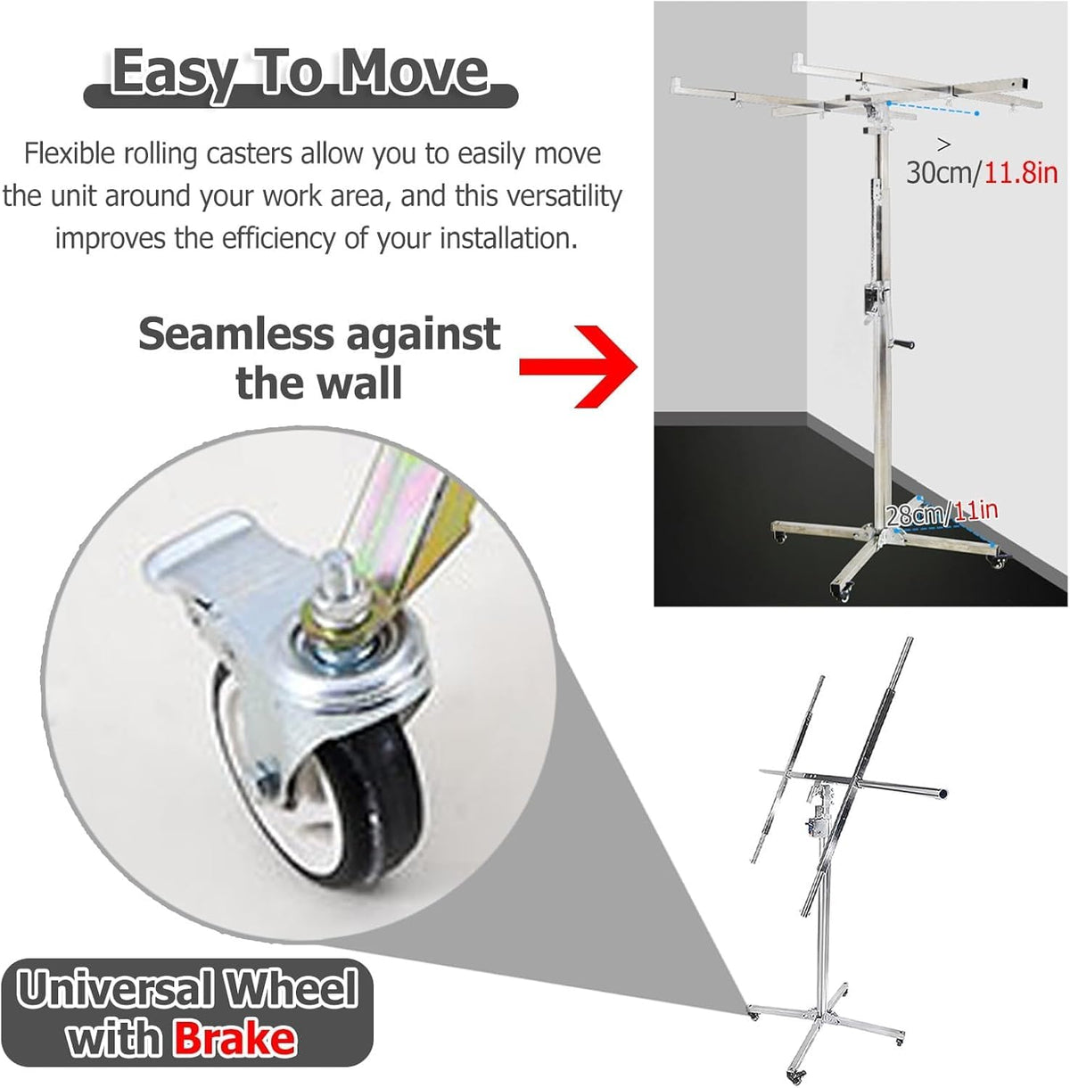 360° Adjustable Drywall Rolling Lifter Panel with Rolling Caster Wheels, Drywall Panel Hoist Drywall Lifter Jack 11 Ft 12 Ft 13 Ft, Sheetrock Lift Drywall Lift(Small - Max H 10.5ft)