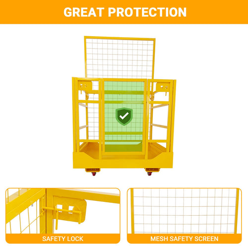 43"x45" Forklift Safety Cage, 1400 LBS Capacity Collapsible Work Platform with Lockable Wheels, Safety Door & Double Chains, Heavy Duty Forklift Man Basket for Aerial Lift & Maintenance