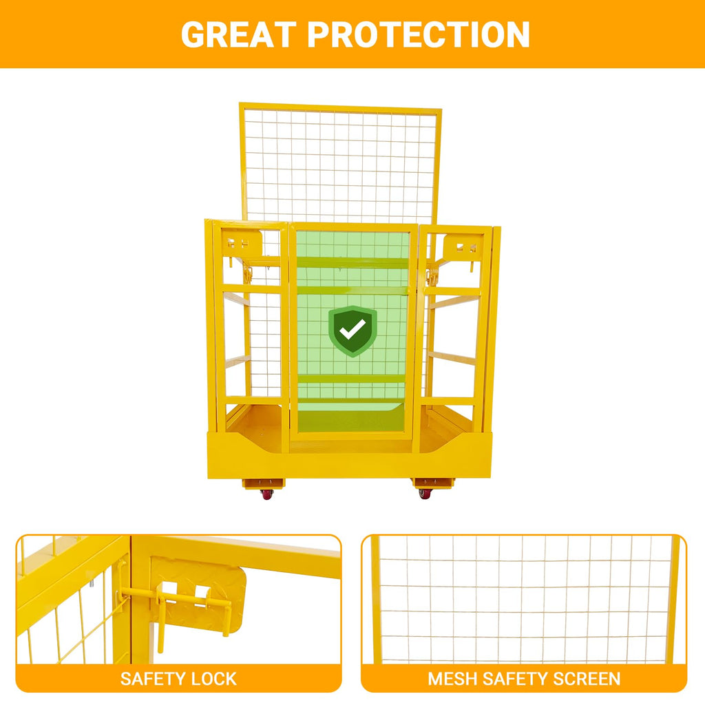 43"X45" Forklift Safety Cage, 1800LBS Capacity Forklift Man Basket with Safety Harness & Lock, Heavy-Duty Steel Forklift Work Platform, Collapsible Aerial Lift Basket with Wheels
