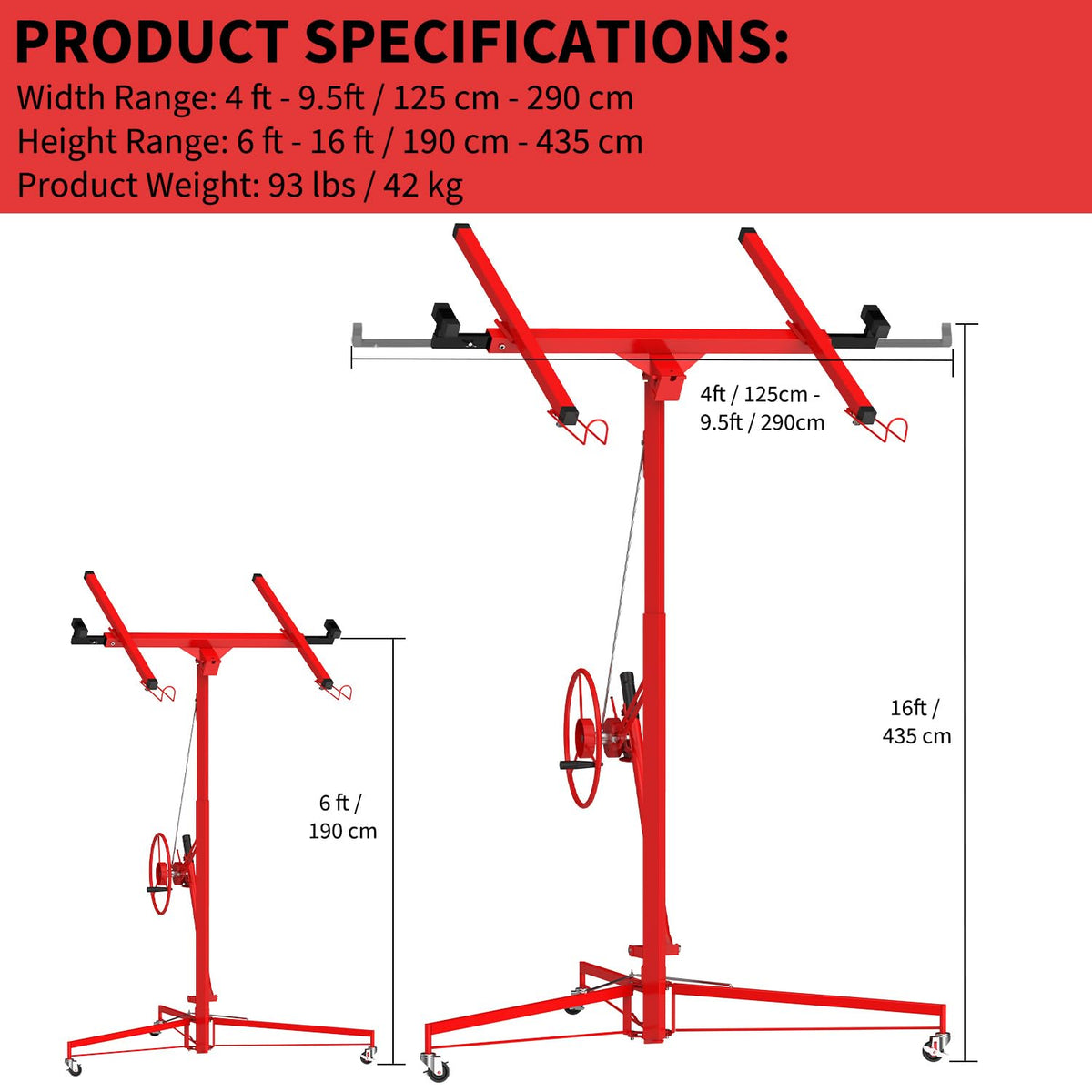 16ft 150lb Heavy-Duty Drywall Lift – Telescopic Sheetrock Hoist with 360° Swivel & 60° Tilt Arm, Tool-Free Adjustment, 3 Lockable Casters – Red + Black