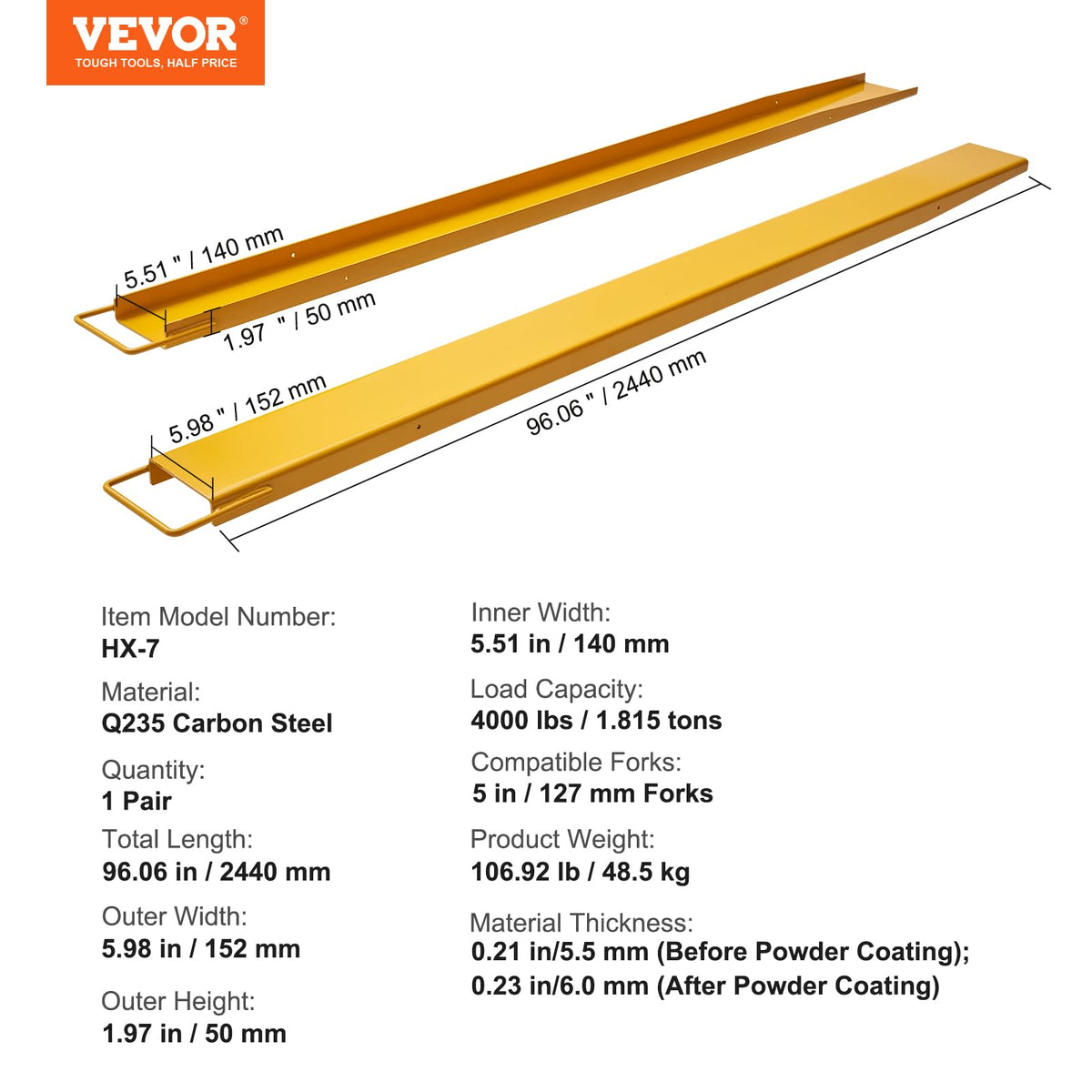 VEVOR Forklift Extensions, 96 Inch Fork Extensions 5.5 Inch Width, 1 Pair