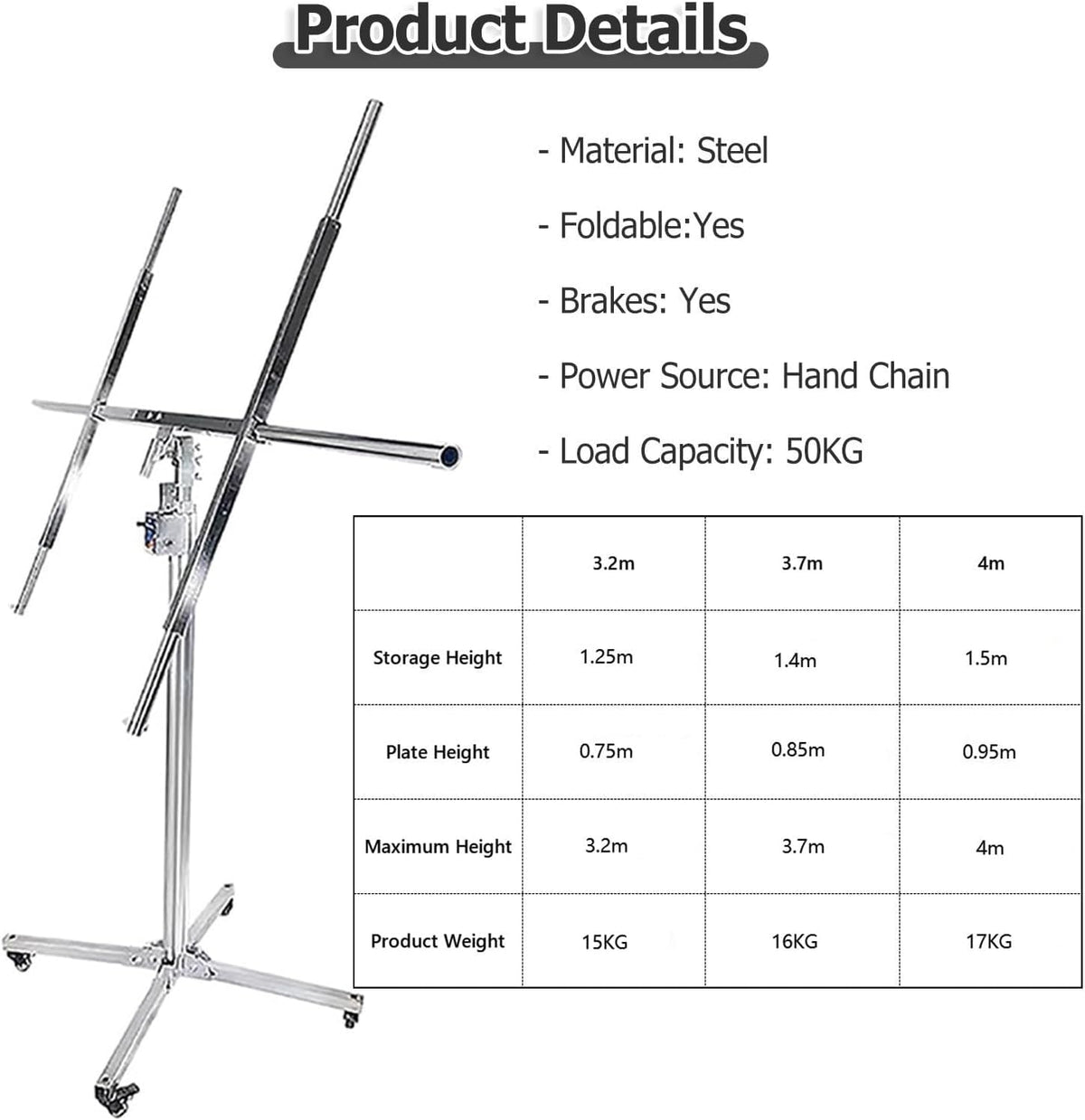 Sheetrock Hoist Drywall Lift with Adjustable Telescopic Arm, Drywall Lift Hoist Panel Plaster Board Lift, Drywall Jack for Ceiling with 4 Lockable Wheels, 50 Kg Weight Capacity(Medium - Max H 12.1ft)
