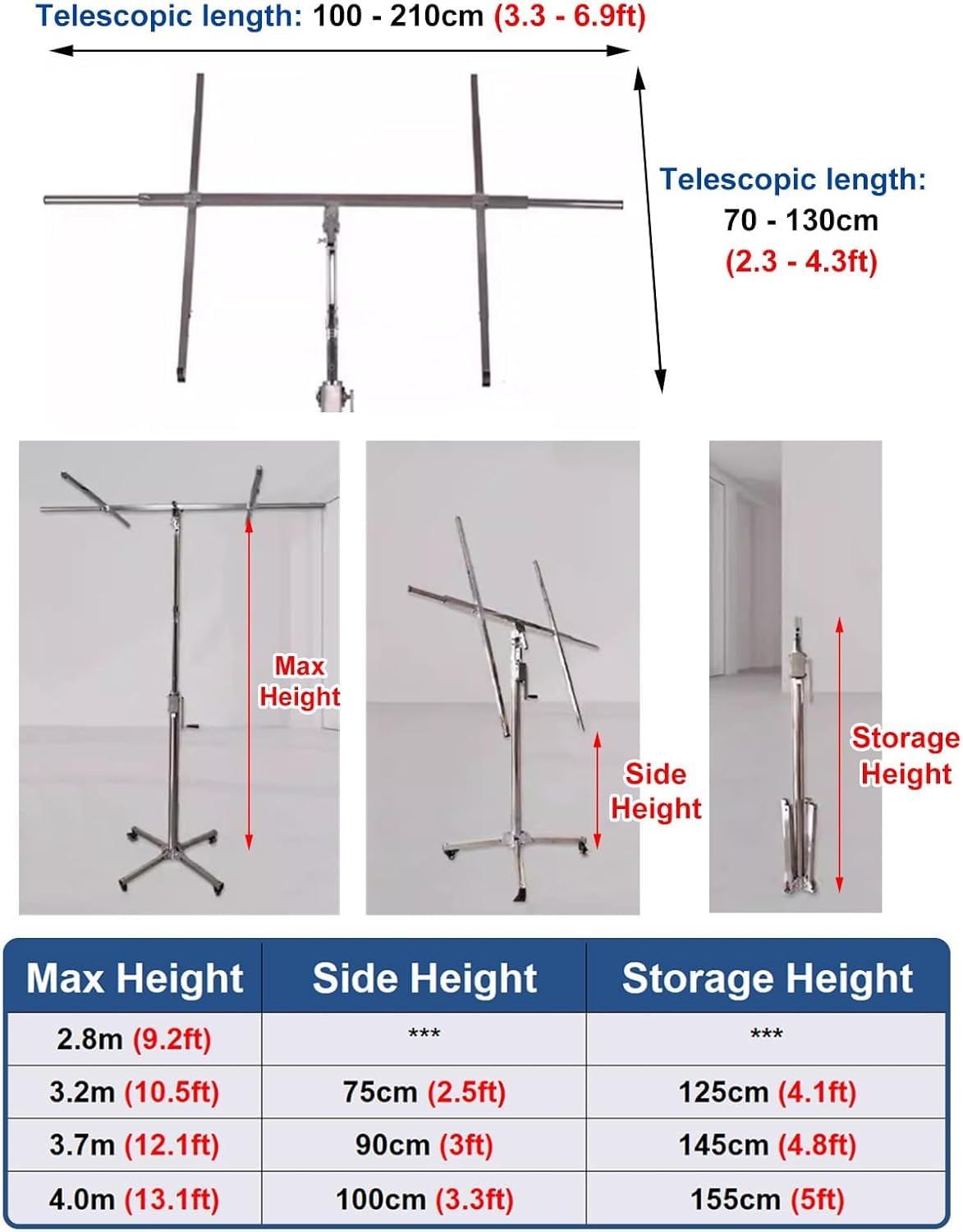 Dry Wall Jack Lifter Hand Tool, Sheetrock Lifting Tool Stainless Steel Drywall Hoist, Foldable Drywall Lifting Tools with Wheel, Max 9 10.5 12 13 Ft(Max Height 3.7m/12.1ft)