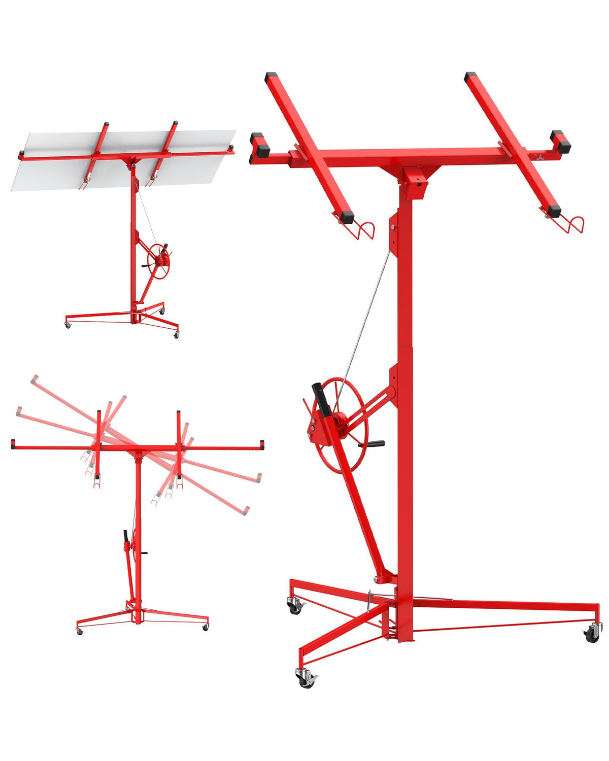 16FT Drywall Lift, Heavy Duty Sheetrock Hoist Jack with 360° Adjustable Telescopic Arm & 3 Lockable Wheels, 150Lb Capacity Steel Panel Lifter for Ceiling & Wall Installation, Solo Operation, Red
