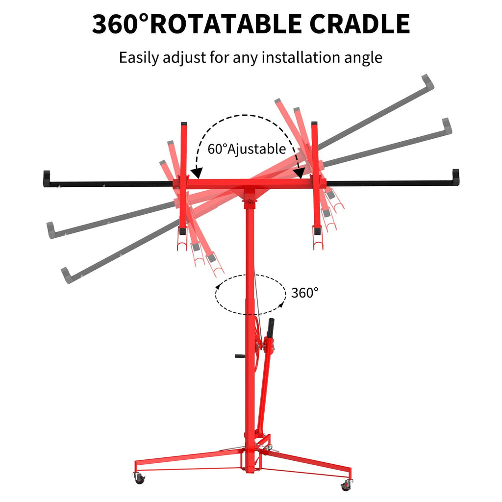16ft 150lb Heavy-Duty Drywall Lift – Telescopic Sheetrock Hoist with 360° Swivel & 60° Tilt Arm, Tool-Free Adjustment, 3 Lockable Casters – Red + Black