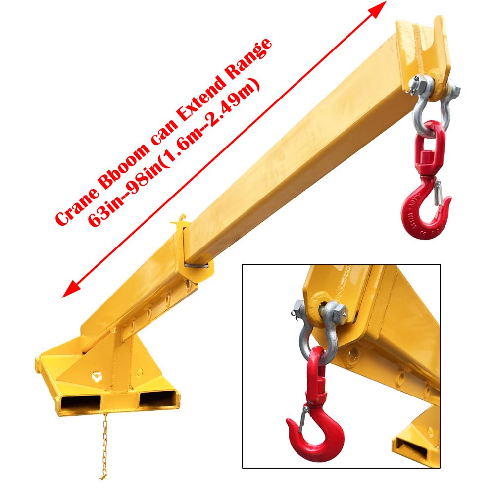 3T/6600LB Adjustable Forklift Jib Boom Crane Attachment, 63-98in Forklift Telescopic Lifting Arm, Mobile Crane with One Hook for Forklifts, Heavy-Duty Towing & Handling Equipment